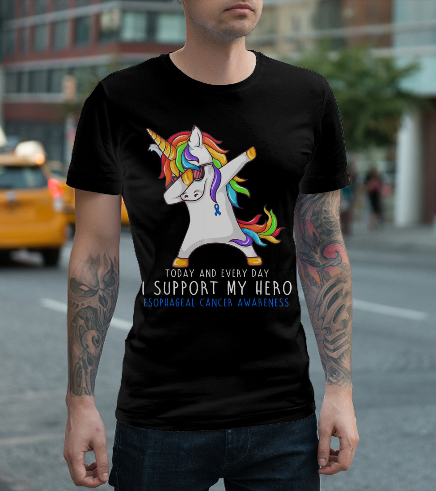 Today And Every Day I Support My Hero Esophageal Cancer Awareness Rainbow Unicorn T-Shirt