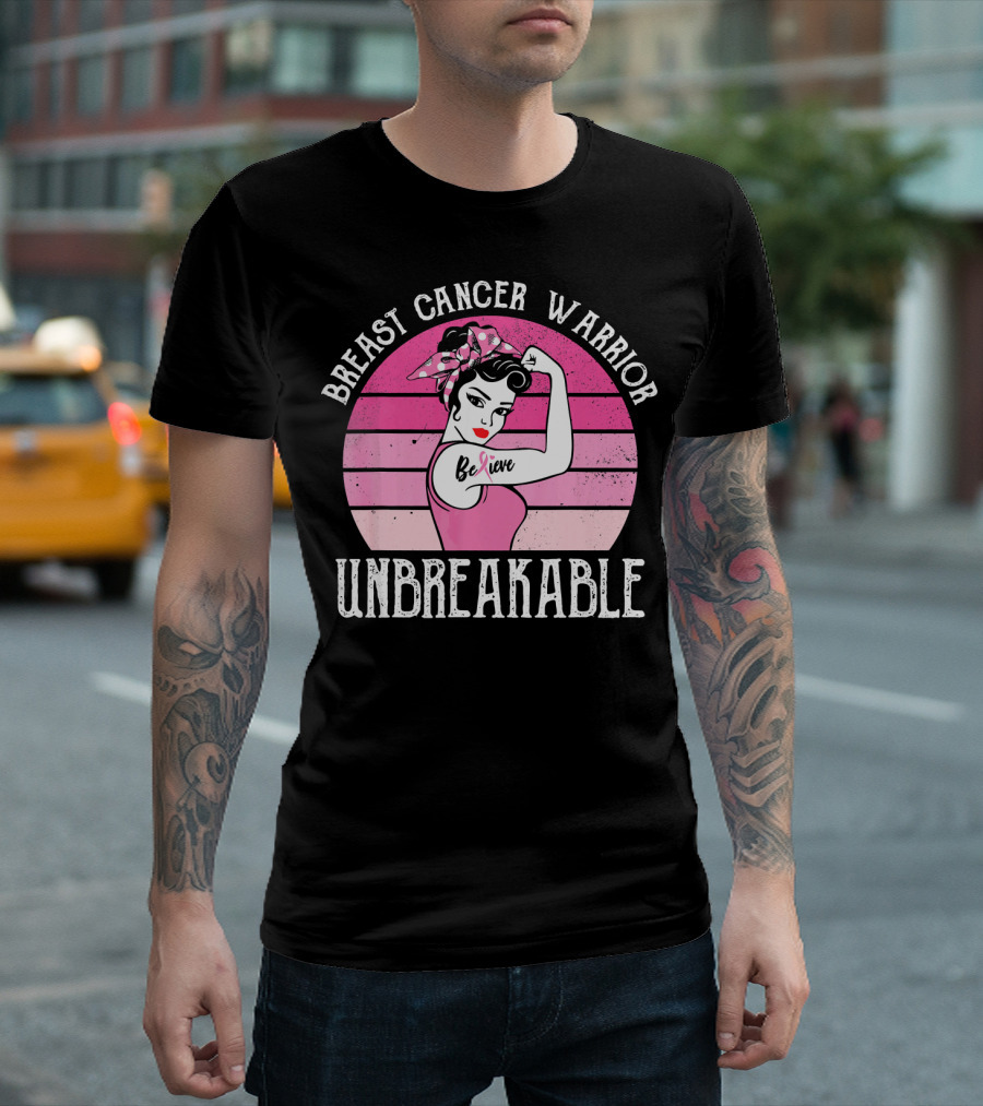 Breast Cancer Warrior Believe Unbreakable Retro Sunset T-Shirt