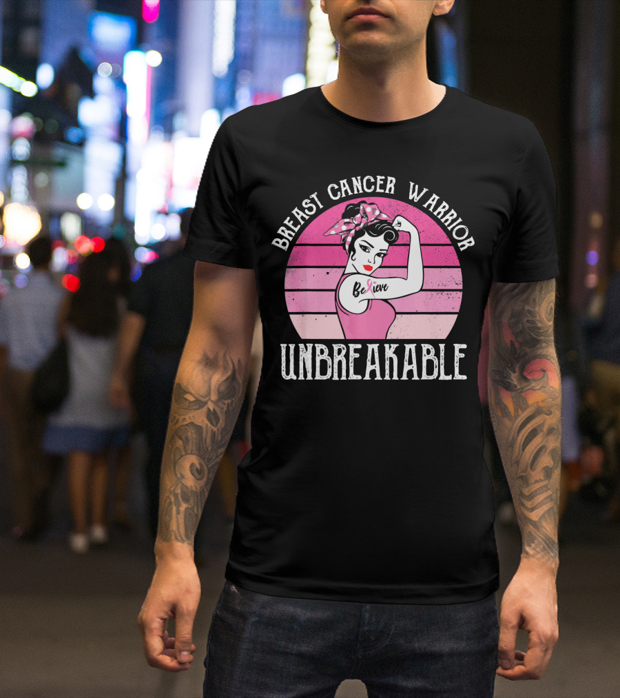 Breast Cancer Warrior Believe Unbreakable Retro Sunset T-Shirt