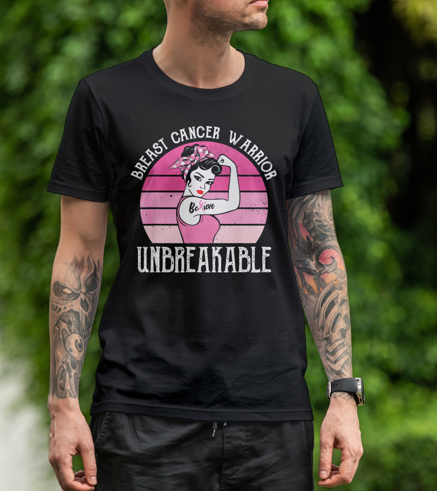 Breast Cancer Warrior Believe Unbreakable Retro Sunset T-Shirt