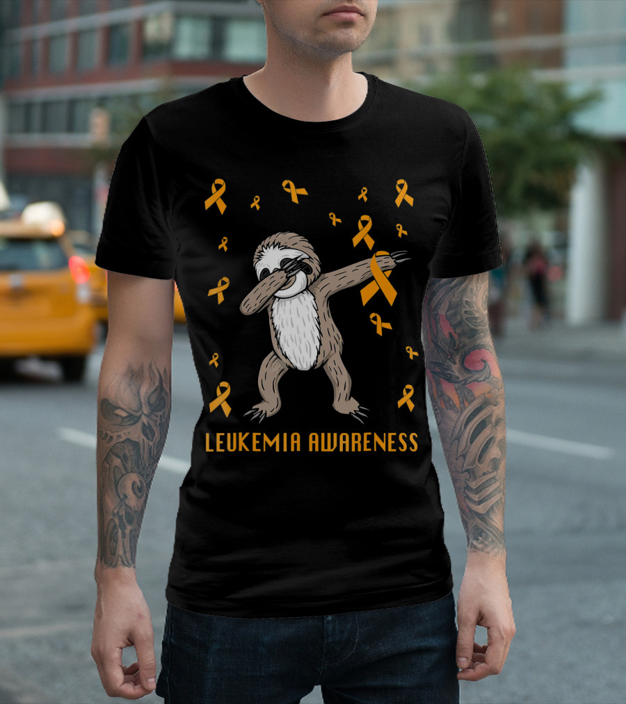 Leukemia Awareness Dabbing Sloth with Orange Ribbons T-Shirt