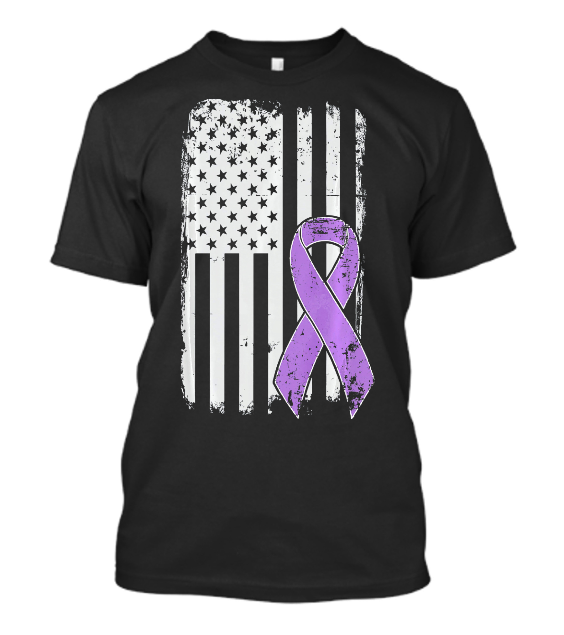 Pancreatic Cancer Awareness Purple Ribbon With American Flag T-Shirt