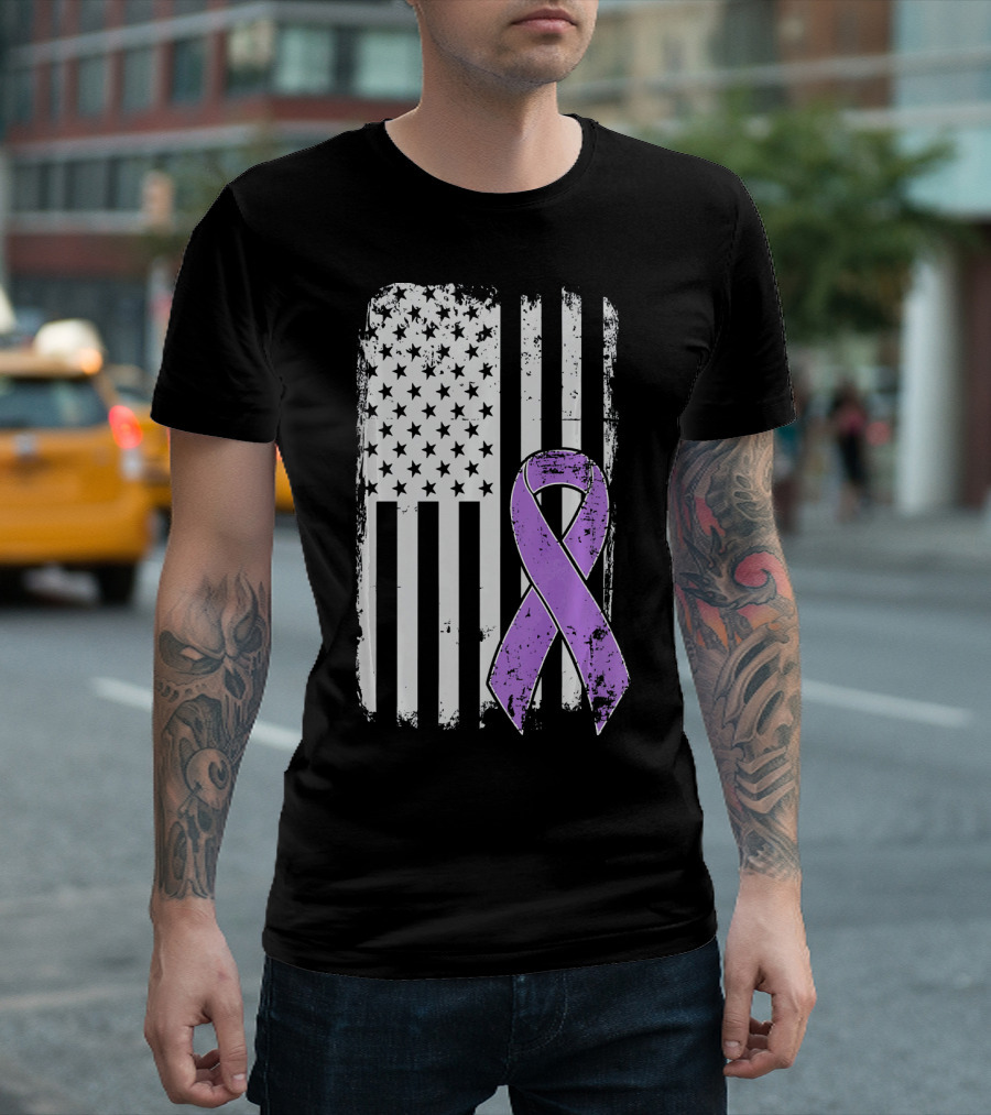 Pancreatic Cancer Awareness Purple Ribbon With American Flag T-Shirt