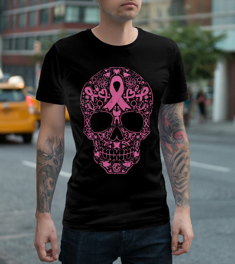 Sugar Skull Pink Ribbon Breast Cancer Awareness Calavera T-Shirt