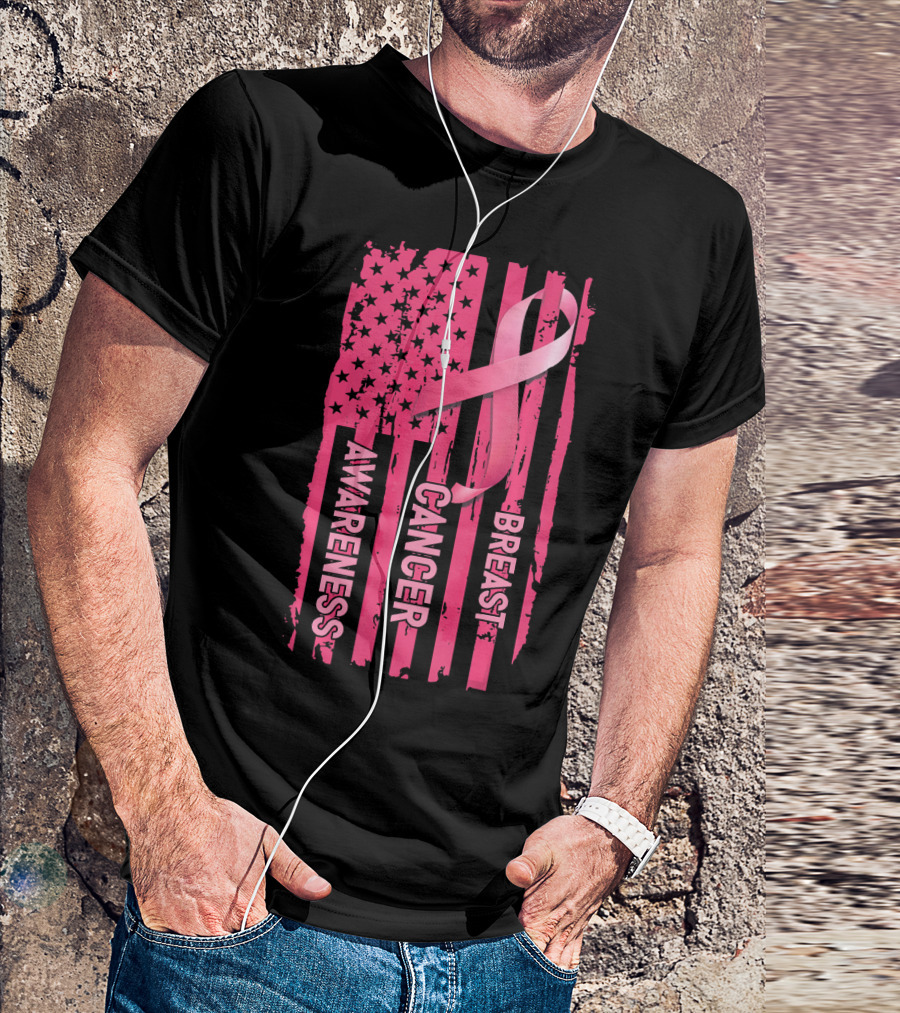American Flag Pink Ribbon Breast Cancer Awareness T-Shirt