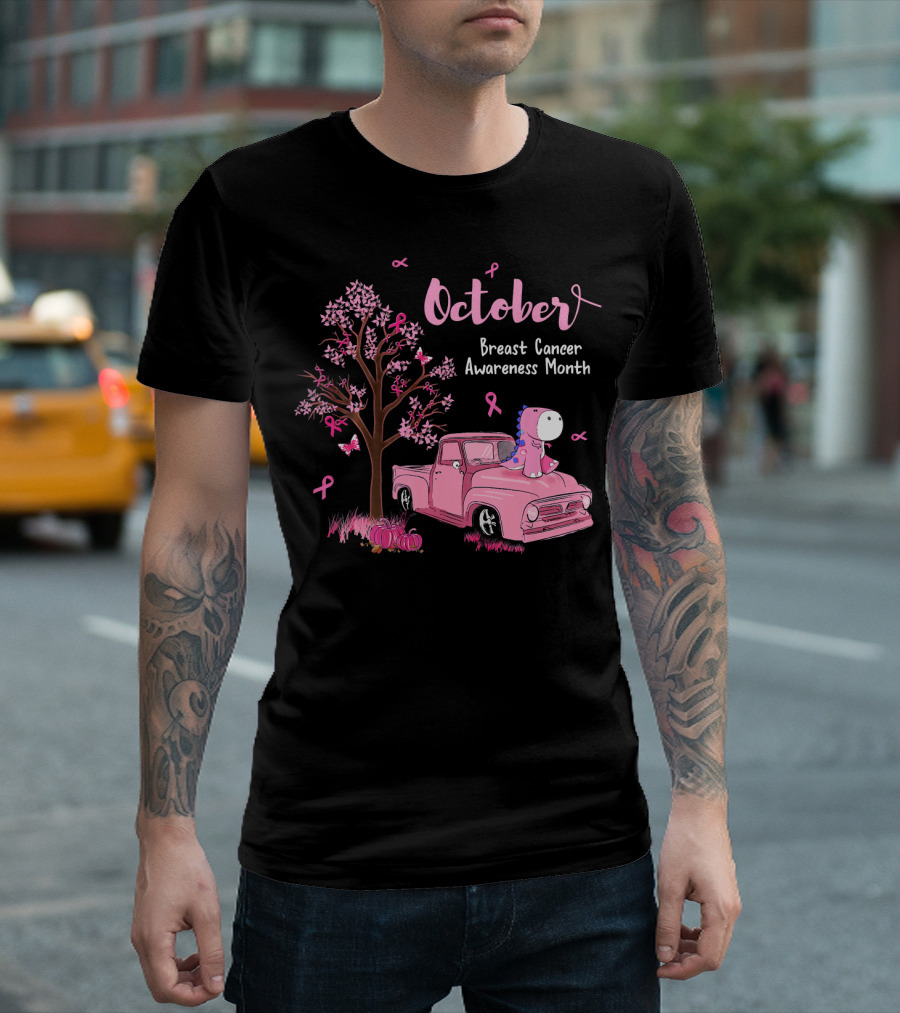 October Pink Ribbon Pumpkin Truck Dinosaur Breast Cancer Awareness Month T-Shirt