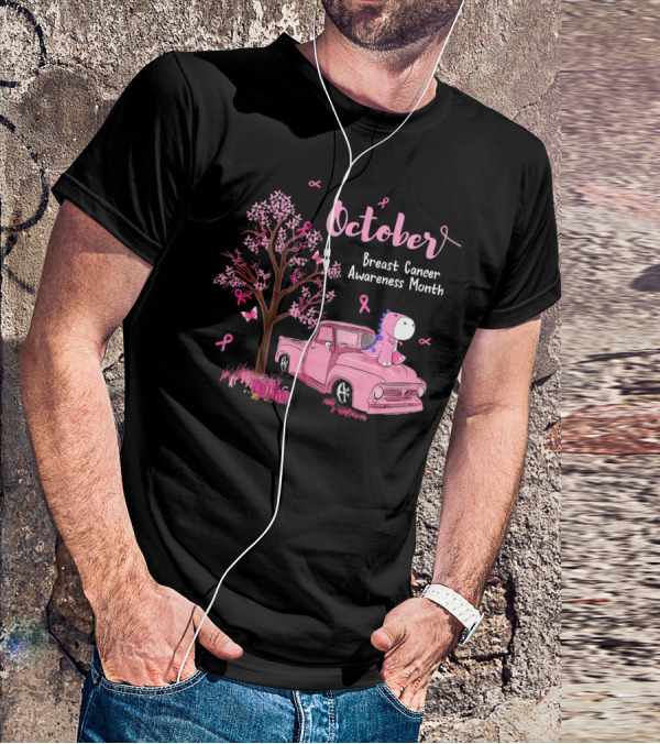 October Pink Ribbon Pumpkin Truck Dinosaur Breast Cancer Awareness Month T-Shirt