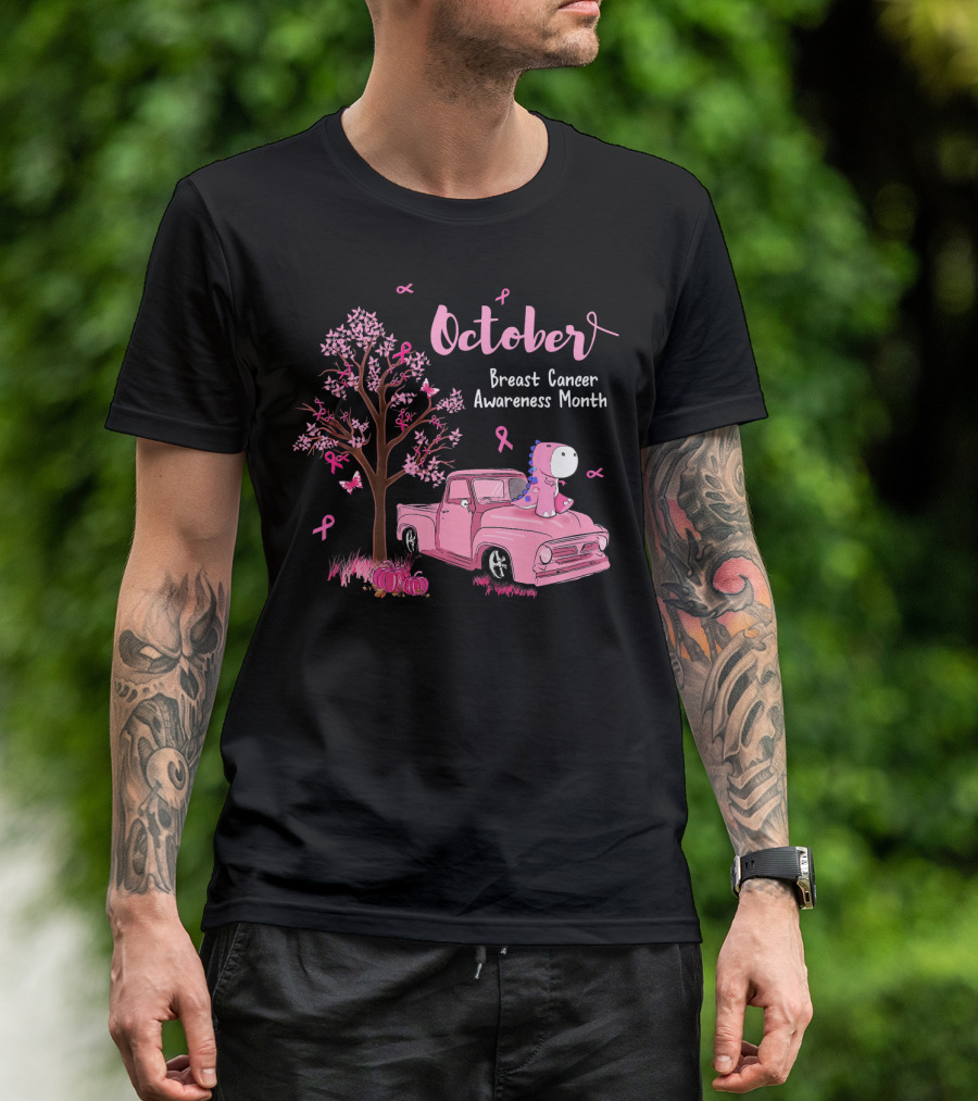 October Pink Ribbon Pumpkin Truck Dinosaur Breast Cancer Awareness Month T-Shirt