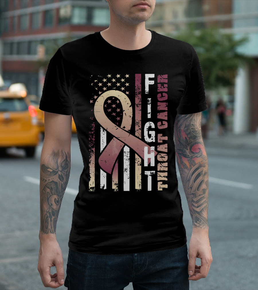 Fight Throat Cancer Awareness Ribbon American Flag T-Shirt