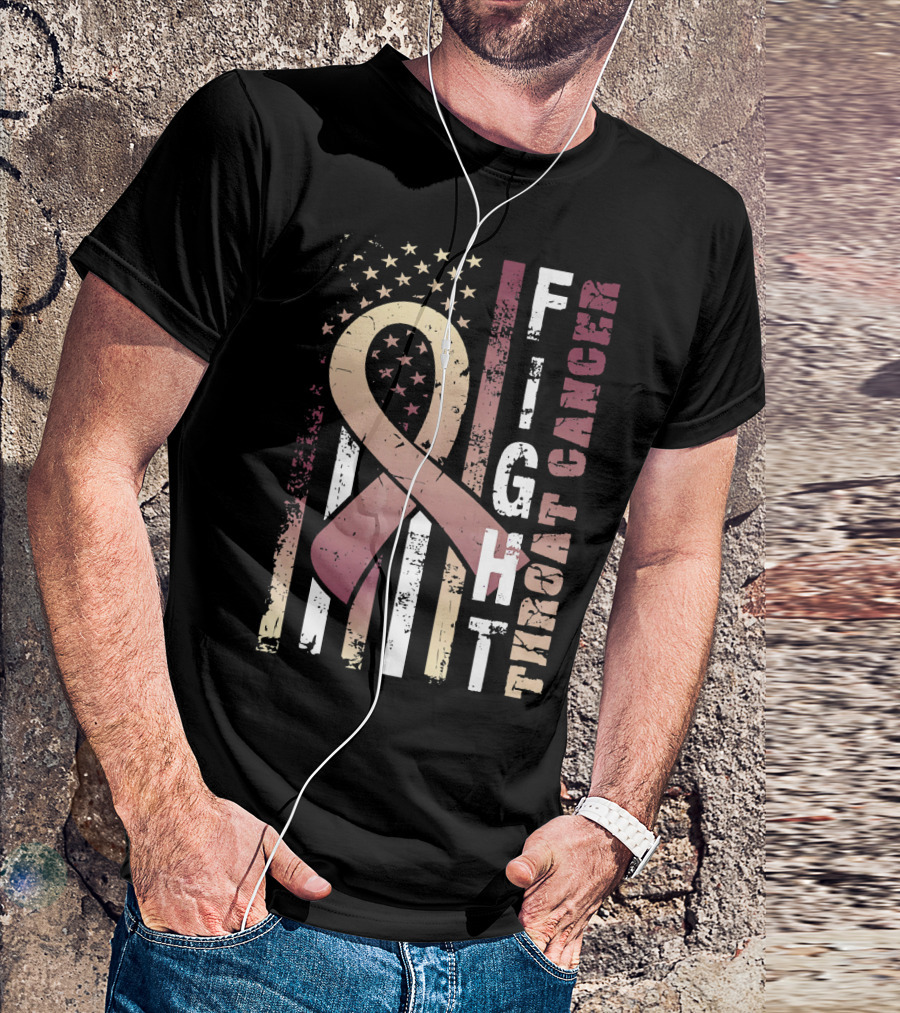 Fight Throat Cancer Awareness Ribbon American Flag T-Shirt