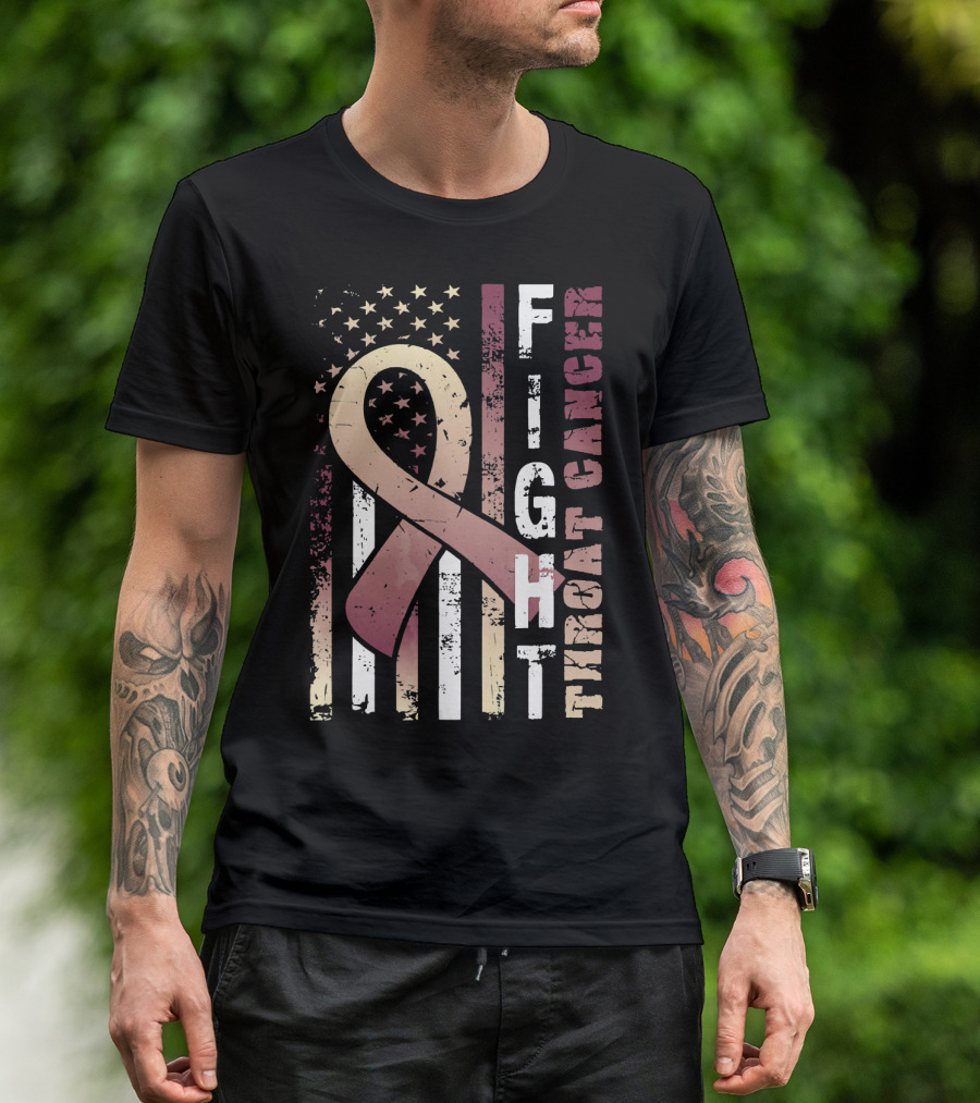 Fight Throat Cancer Awareness Ribbon American Flag T-Shirt