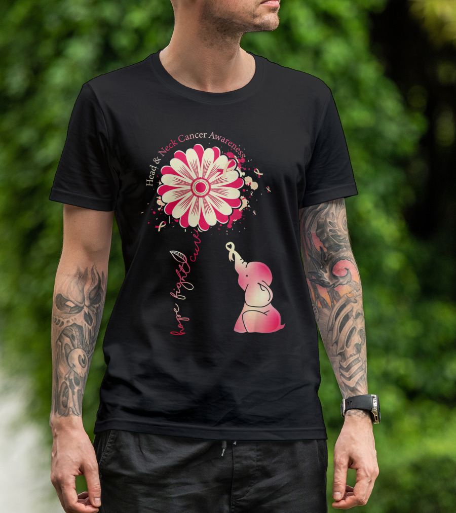 Head And Neck Cancer Awareness White And Burgundy Ribbon Hope Fight Cure Elephant Flower T-Shirt