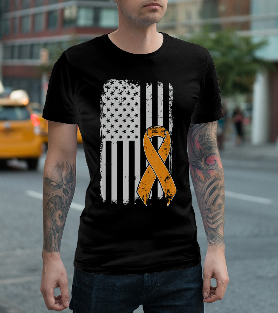 Leukemia Cancer Awareness Vintage US Flag Orange T-Shirt