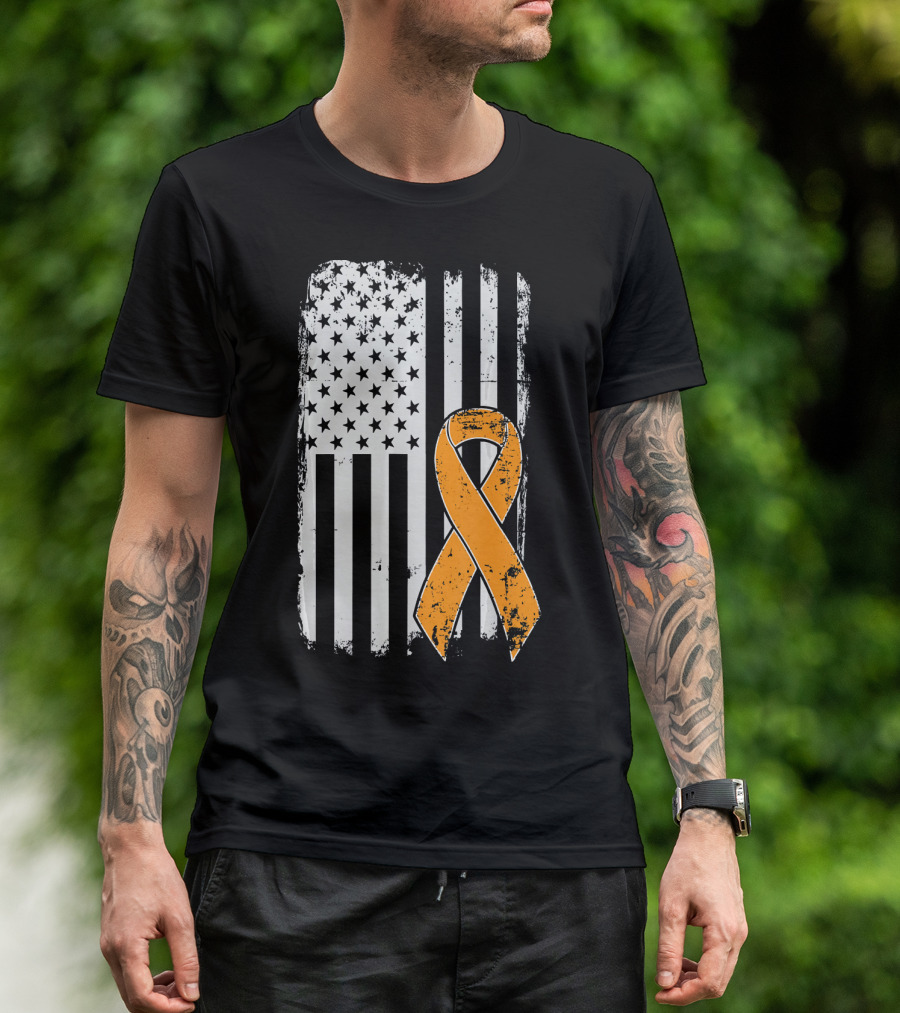Leukemia Cancer Awareness Vintage US Flag Orange T-Shirt