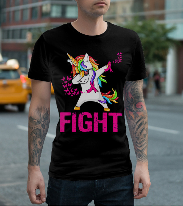 Fight Breast Cancer Awareness Unicorn Dabbing With Rainbow Mane And Butterflies T-Shirt