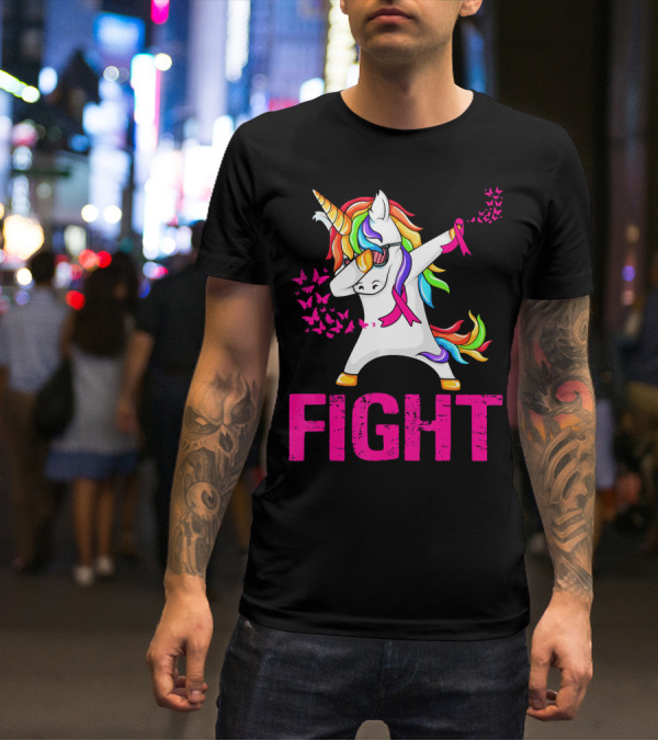 Fight Breast Cancer Awareness Unicorn Dabbing With Rainbow Mane And Butterflies T-Shirt