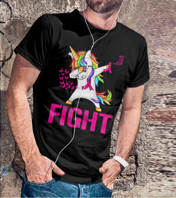 Fight Breast Cancer Awareness Unicorn Dabbing With Rainbow Mane And Butterflies T-Shirt