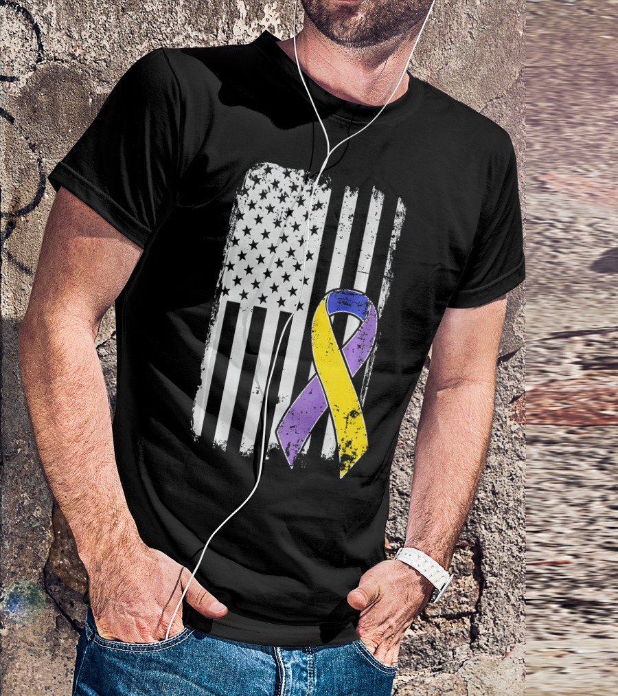 Bladder Cancer Awareness Distressed American Flag Purple Gold T-Shirt