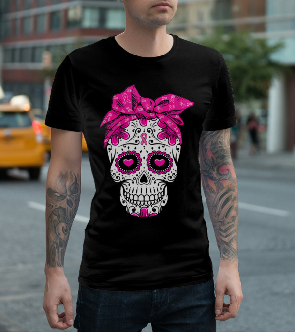 Sugar Skull With Pink Bow And Breast Cancer T-Shirt