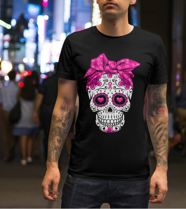Sugar Skull With Pink Bow And Breast Cancer T-Shirt