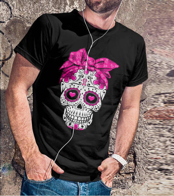 Sugar Skull With Pink Bow And Breast Cancer T-Shirt