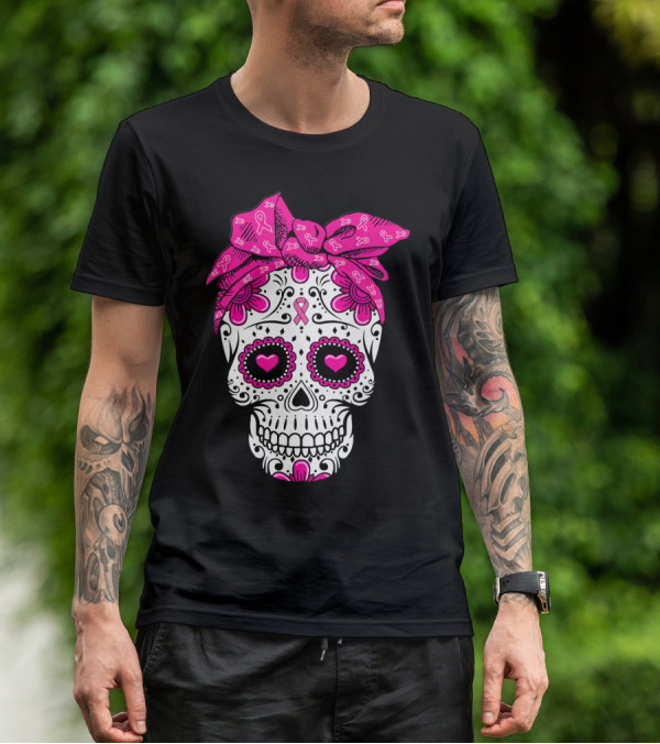 Sugar Skull With Pink Bow And Breast Cancer T-Shirt