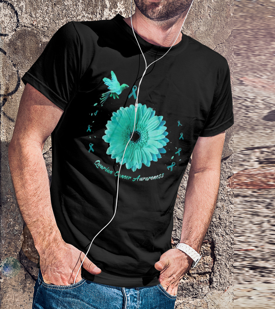 Teal Daisy Bird Ribbon Ovarian Cancer Awareness T-Shirt