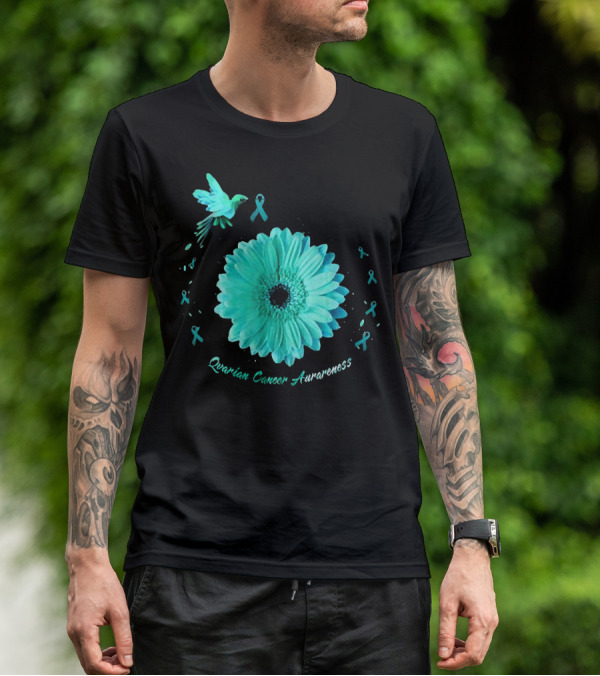 Teal Daisy Bird Ribbon Ovarian Cancer Awareness T-Shirt