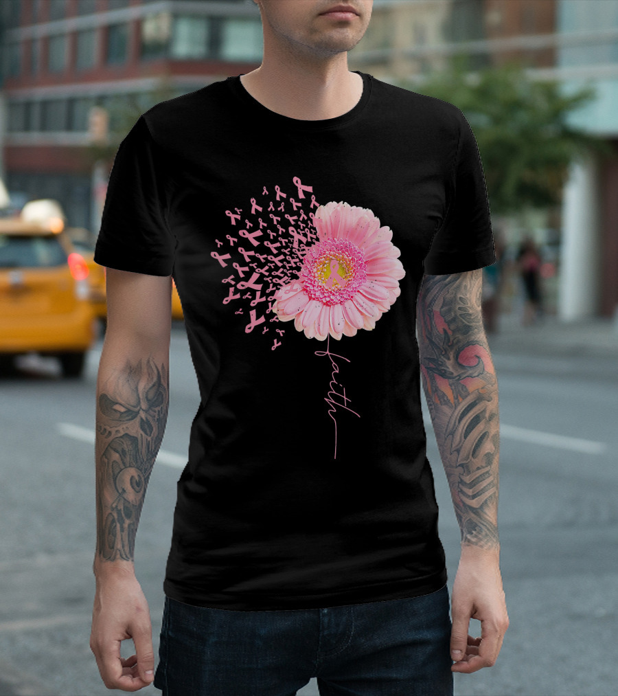 Faith Pink Ribbon Daisy Flower Breast Cancer Awareness T-Shirt