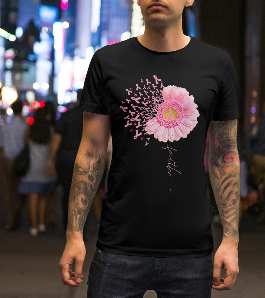Faith Pink Ribbon Daisy Flower Breast Cancer Awareness T-Shirt