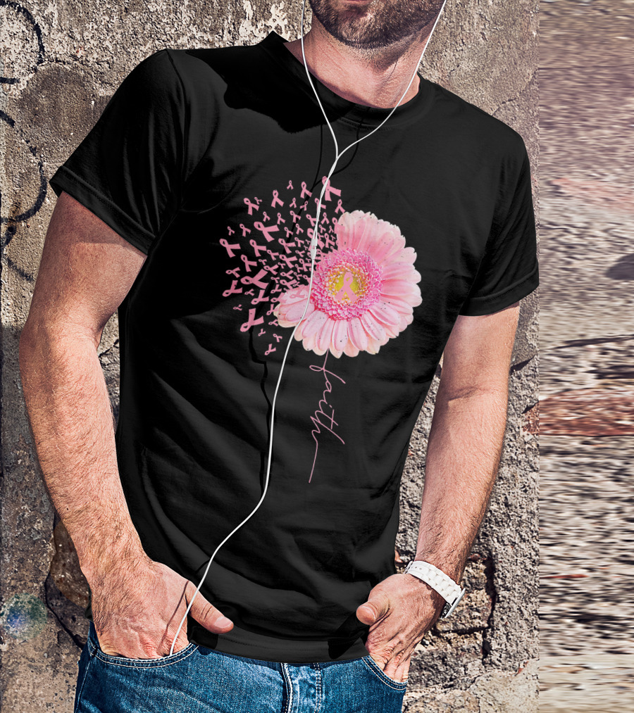 Faith Pink Ribbon Daisy Flower Breast Cancer Awareness T-Shirt
