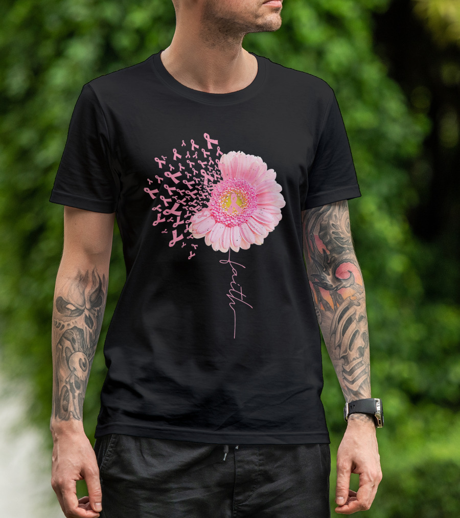 Faith Pink Ribbon Daisy Flower Breast Cancer Awareness T-Shirt