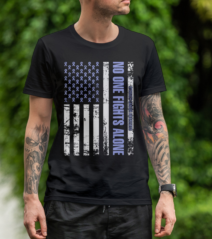 No One Fights Alone Stomach Cancer Awareness Flag With Ribbons T-Shirt