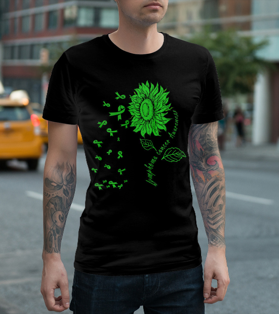 Lymphoma Cancer Awareness Sunflower Lime Green Ribbons T-Shirt