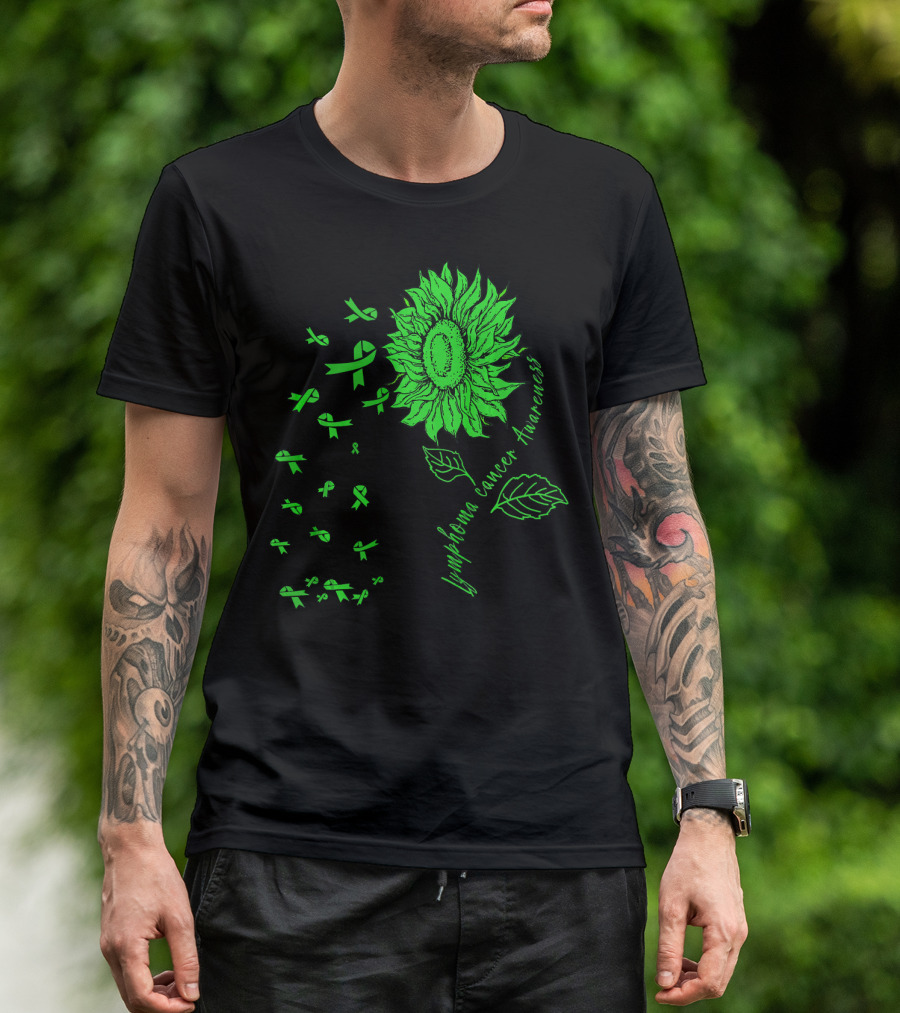Lymphoma Cancer Awareness Sunflower Lime Green Ribbons T-Shirt