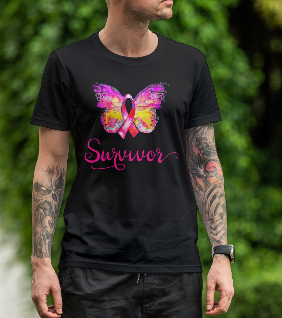 Survivor Butterfly Pink Ribbon Breast Cancer Awareness T-Shirt