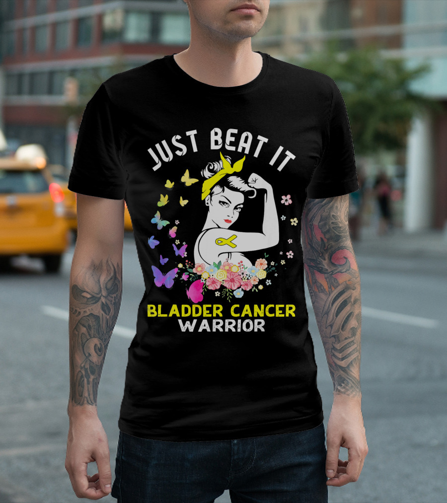 Just Beat It Bladder Cancer Warrior Butterfly Ribbon Floral Fighter T-Shirt