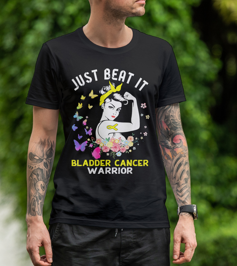 Just Beat It Bladder Cancer Warrior Butterfly Ribbon Floral Fighter T-Shirt