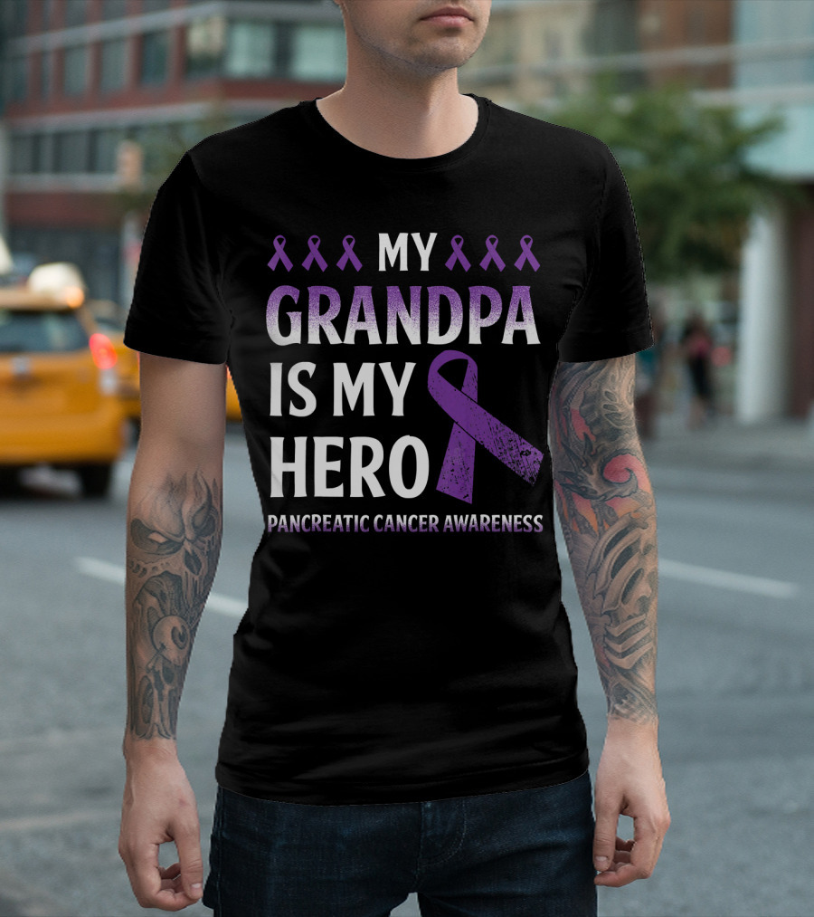 My Grandpa Is My Hero Pancreatic Cancer Awareness Purple Ribbons T-Shirt
