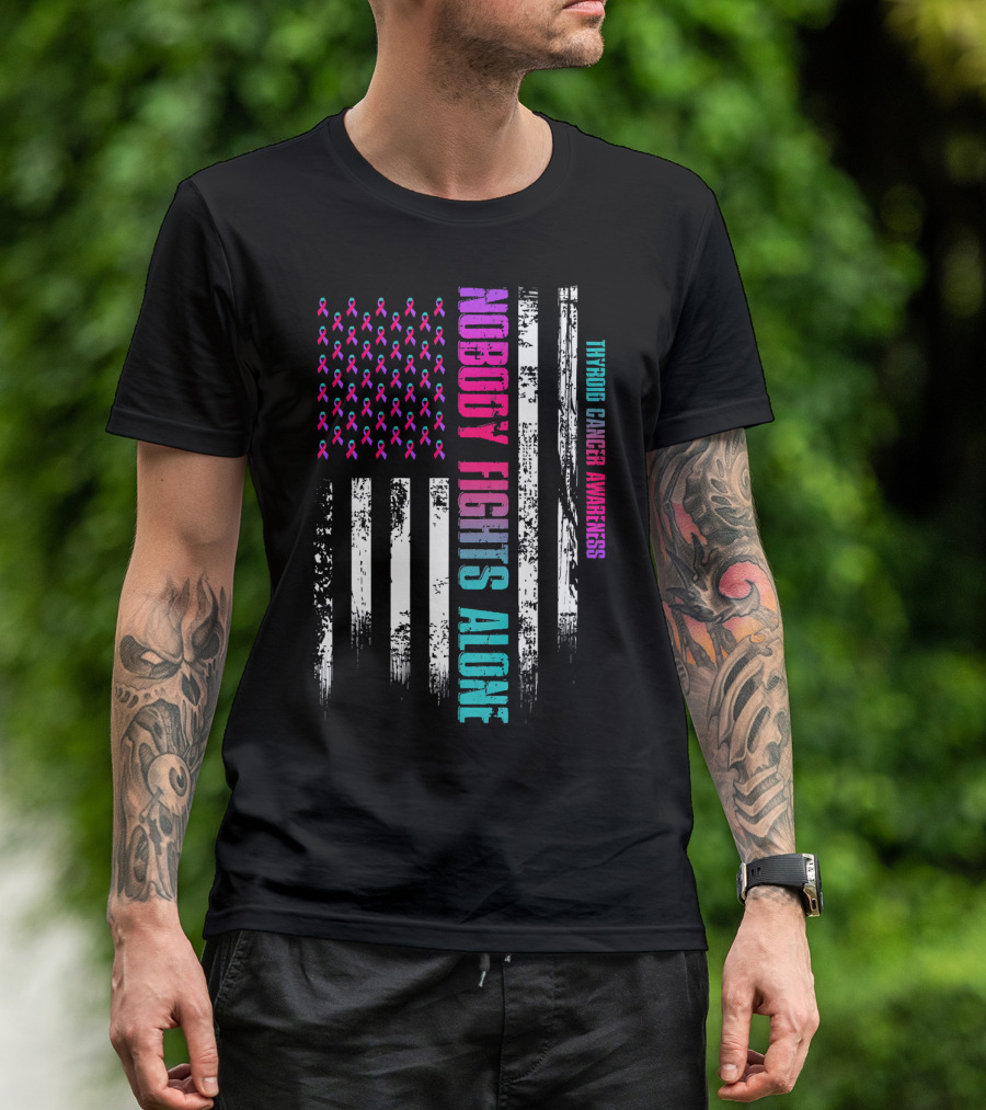 Nobody Fights Alone USA Flag Thyroid Cancer Awareness T-Shirt