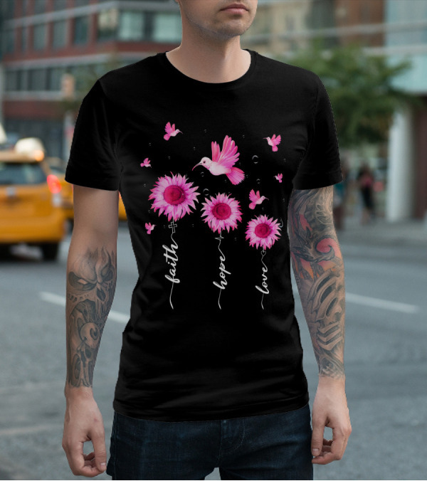 Hummingbird Daisy Faith Hope Love Pink Ribbon Breast Cancer Awareness T-Shirt