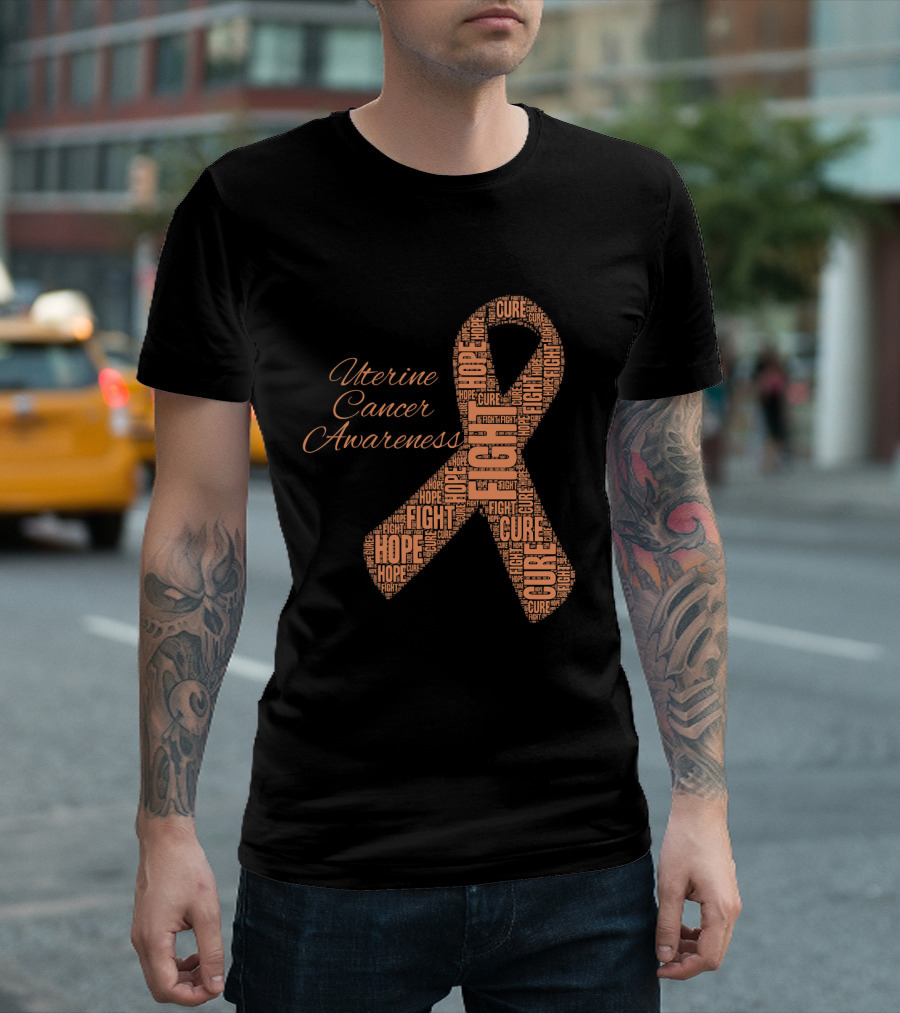 Uterine Cancer Awareness Ribbon with Fight Hope Cure Text T-Shirt