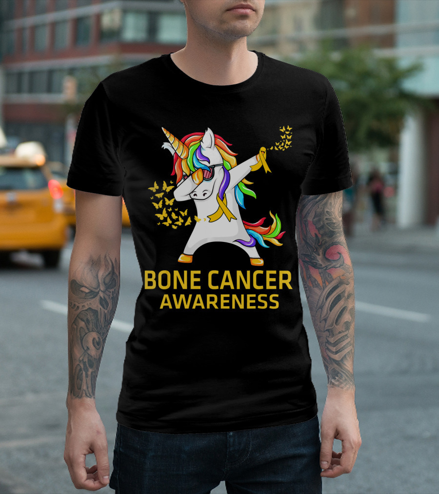 Bone Cancer Awareness Unicorn Dab with Yellow Ribbon Butterflies T-Shirt