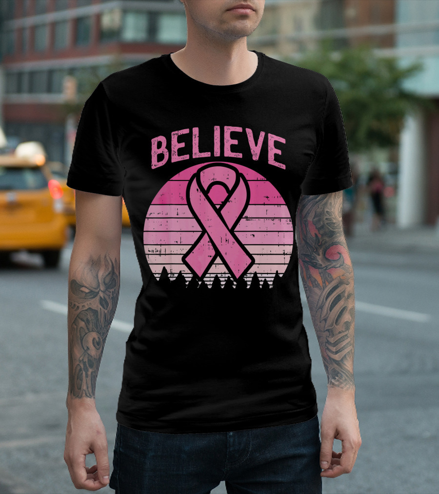 Believe Retro Sunset Pink Ribbon Breast Cancer Awareness T-Shirt