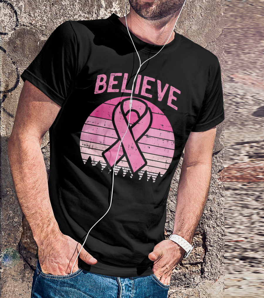 Believe Retro Sunset Pink Ribbon Breast Cancer Awareness T-Shirt