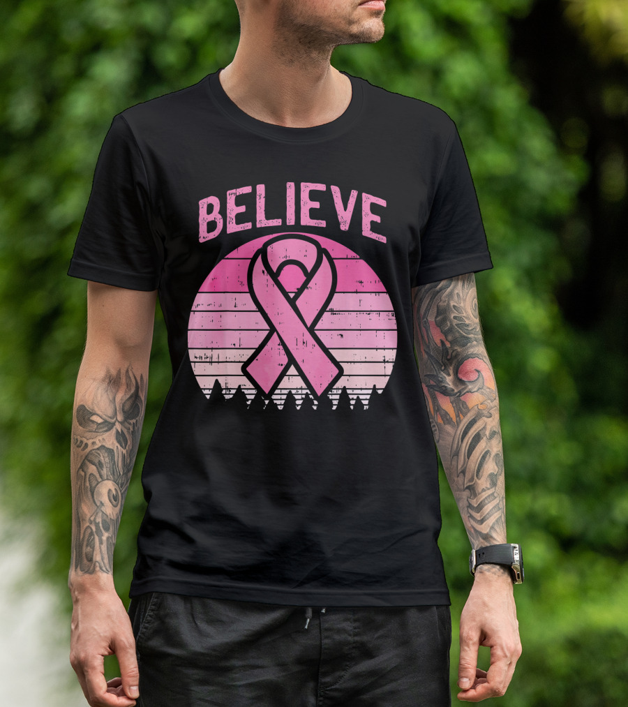 Believe Retro Sunset Pink Ribbon Breast Cancer Awareness T-Shirt