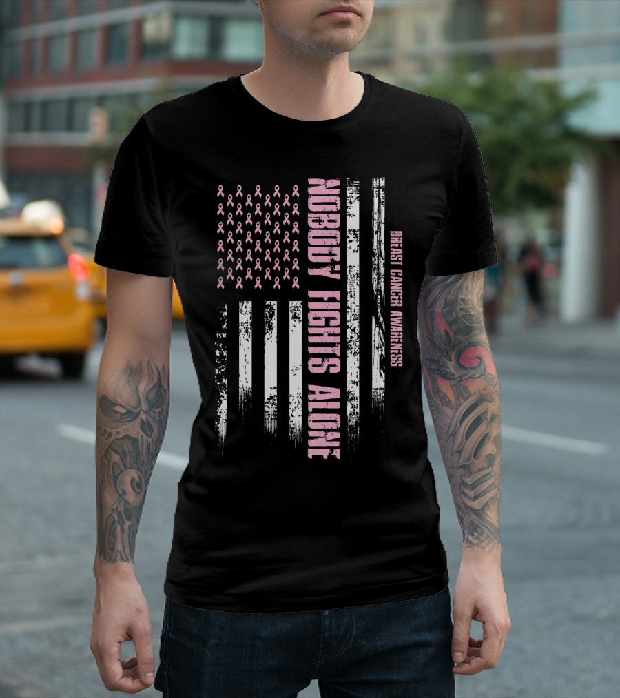 Nobody Fights Alone Breast Cancer Awareness USA Flag T-Shirt
