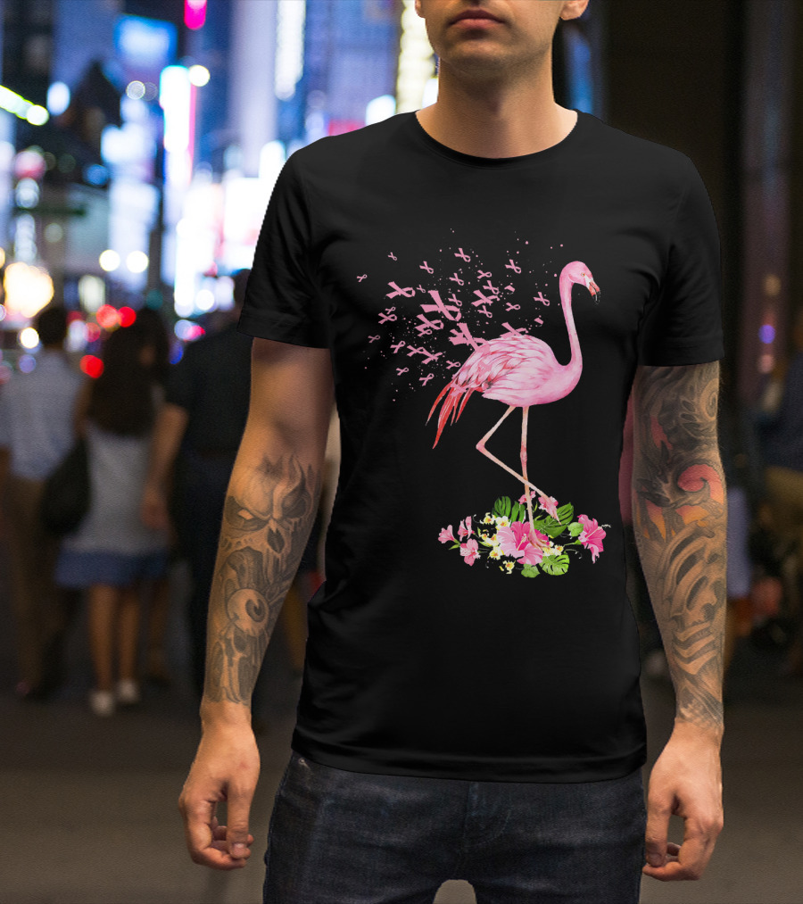 Flamingo With Pink Breast Cancer Ribbons And Floral Accents T-Shirt