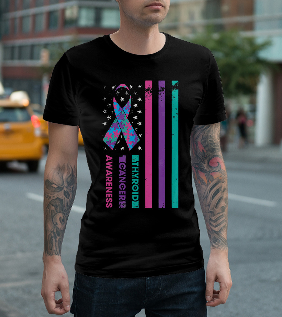Thyroid Cancer Awareness Puzzle Ribbon Flag Stars Stripes T-Shirt