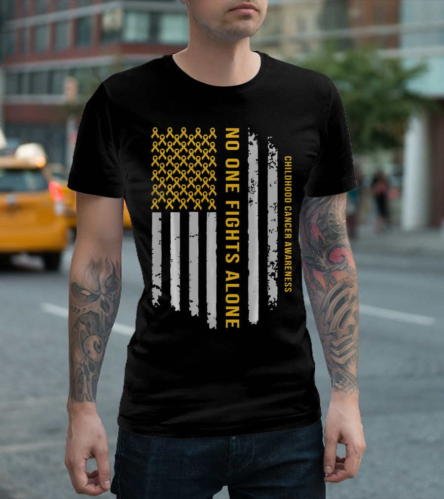 No One Fights Alone Childhood Cancer Awareness American Flag T-Shirt